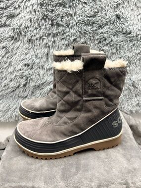 Sorel Boots Womens Size 8 Tivoli II Pull On Suede Winter Quilted Faux Fur Gray